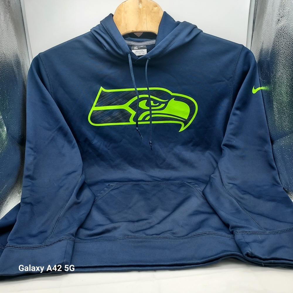 Nike NFL Seattle Seahawks Therma-FIT Hoodie Navy Blue Neon Green 606714-419 XXL